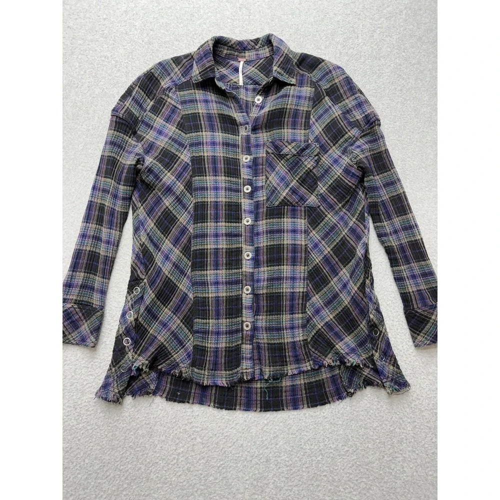 Free People Shirt Womens XS Purple Plaid Button Front Frayed Hem Tunic‎ Top